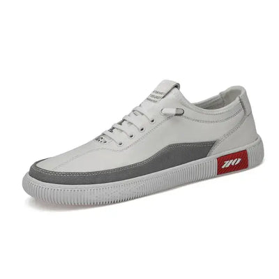 Leather Casual Sneakers and Sandals in stylish white leather with gray accents, perfect for comfort and versatile fashion.
