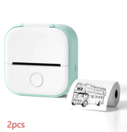 Portable Mini Thermal Label Printer with label roll showing a bus design, perfect for efficient and portable labeling tasks.