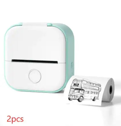 Portable Mini Thermal Label Printer with label roll showing a bus design, perfect for efficient and portable labeling tasks.