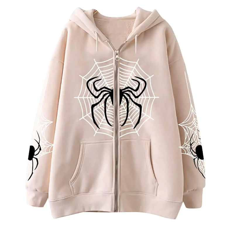 Unisex Spider Web Hoodies Jacket featuring a striking spider web design on a light hoodie.