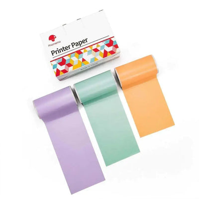 Portable Mini Thermal Label Printer compatible printer paper rolls in purple, green, and orange colors.