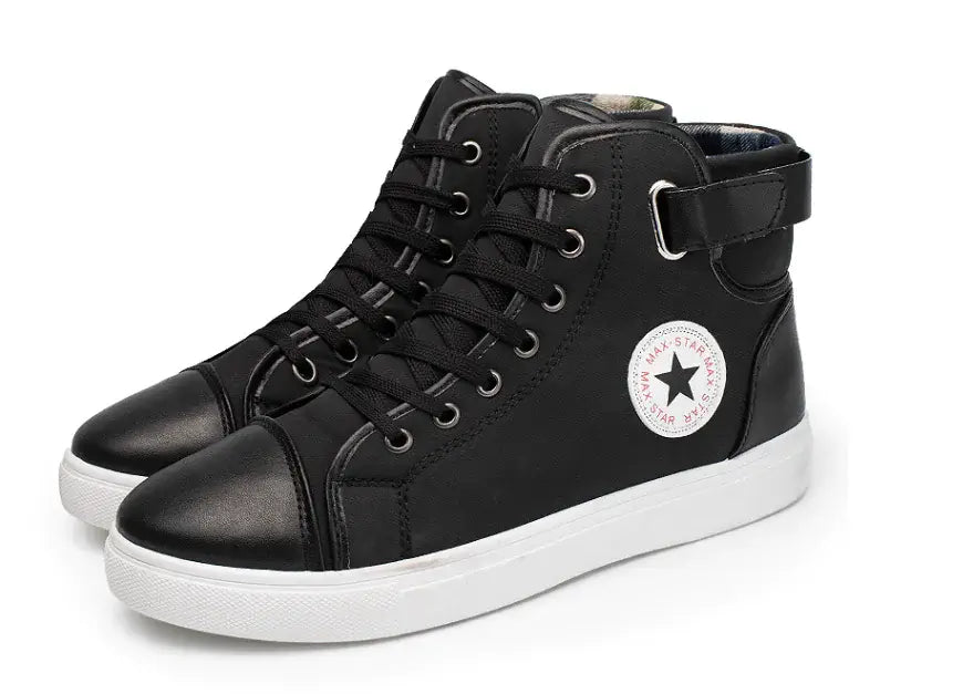 Casual Fashion High-Top Men's Sneakers – Stylish & Comfortable in black with trendy design and white sole.