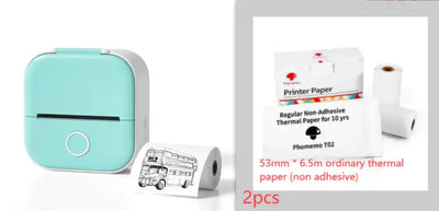 Portable Mini Thermal Label Printer with thermal paper rolls and printed label image.