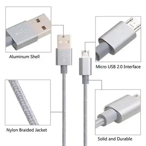 Charging Cables 3ft-6ft-10ft All 3 Included featuring aluminum shell and nylon braided jacket.
