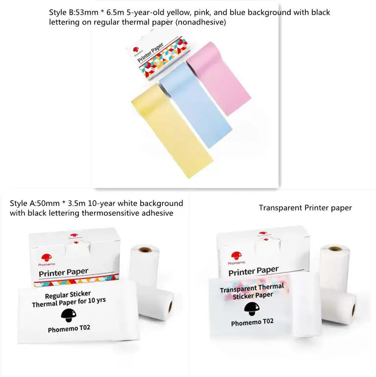 Portable Mini Thermal Label Printer various thermal paper rolls in colorful and transparent styles