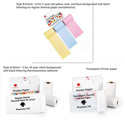 Portable Mini Thermal Label Printer various thermal paper rolls in colorful and transparent styles