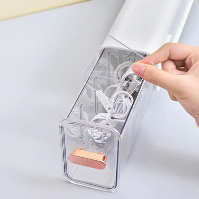 Wall-Mounted Data Cable Storage Box for Chargers organizing cables and chargers neatly.
