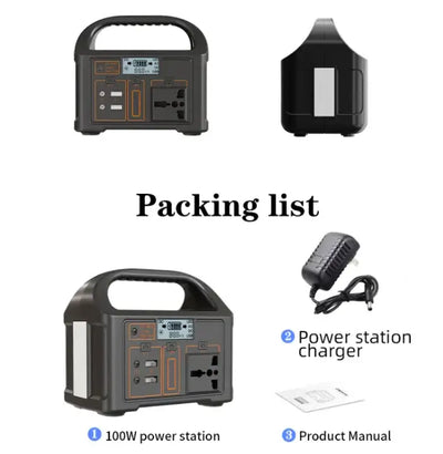 Camping Super Power Bank packing list including power station, charger, and manual.