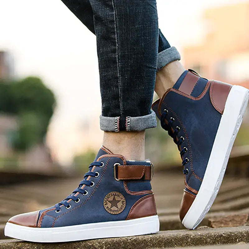 Casual Fashion High-Top Men's Sneakers - Stylish & Comfortable worn with denim on an outdoor path