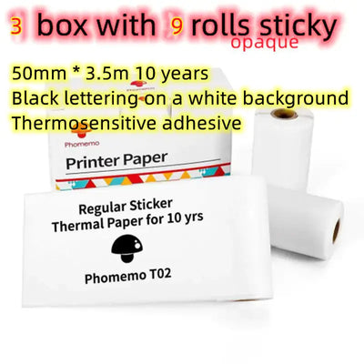 Portable Mini Thermal Label Printer supplies including 3 boxes with 9 rolls of black lettering sticky thermal paper.