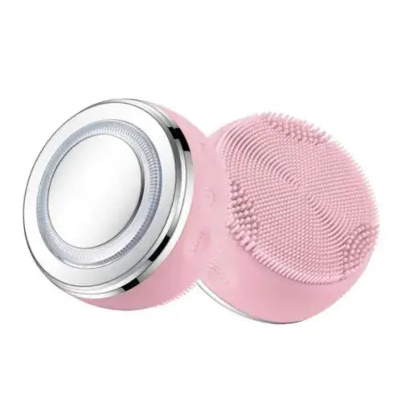 Electric Silicone Pore Cleaner and Heating Facial Wash in pink, featuring soft silicone bristles and vibration technology.