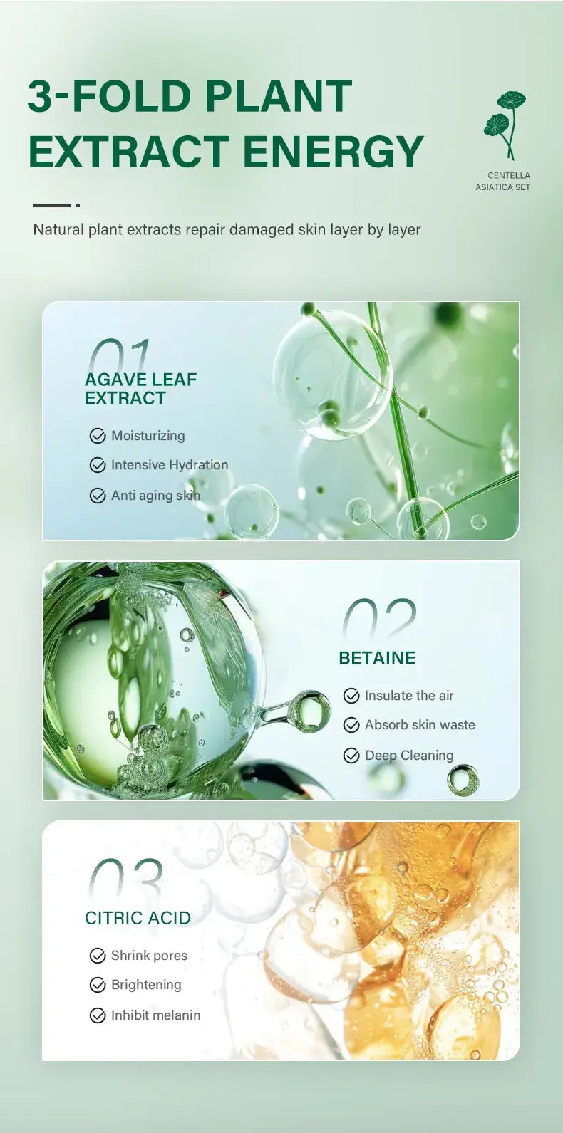 3-Fold Plant Extract Energy infographic showcasing Agave Leaf Extract, Betaine, and Citric Acid benefits for skin care.