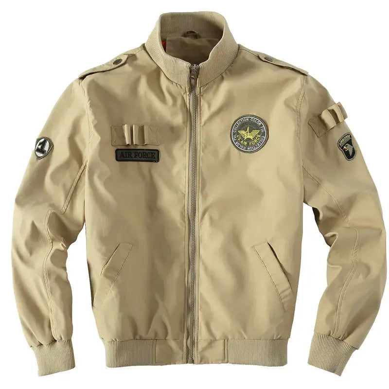 Military Flight Jacket in khaki color with Air Force patches, showcasing stylish and functional design.