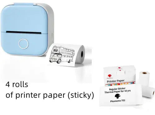 Portable Mini Thermal Label Printer and 4 rolls of sticky printer paper for convenient labeling tasks.