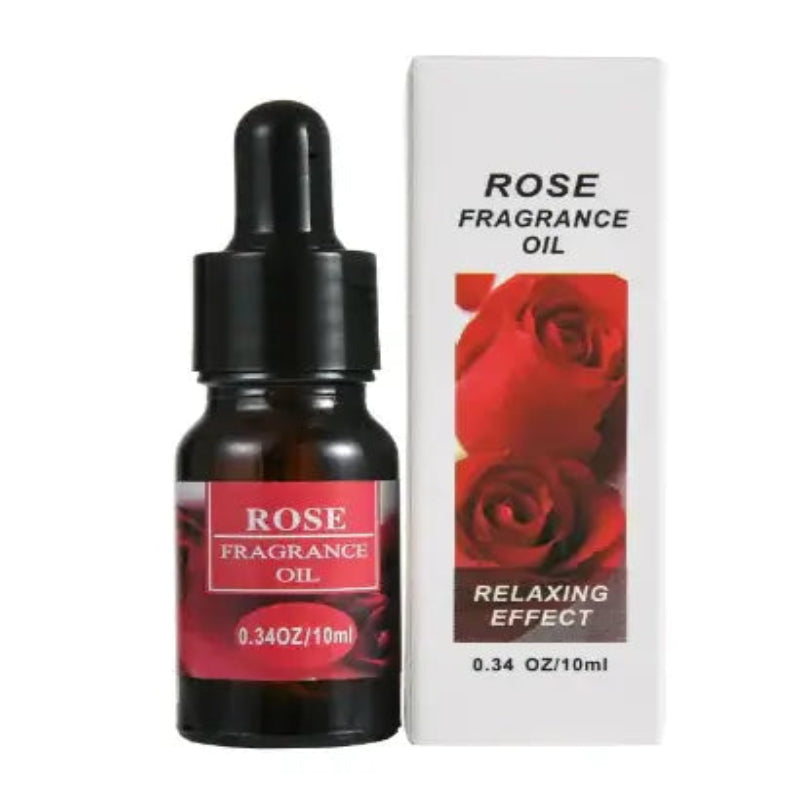 Rose Fragrance Oil bottle with relaxing effect, 0.34 oz for aromatherapy and home scenting.