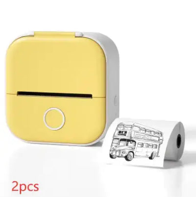 Portable Mini Thermal Label Printer in yellow with a printed label roll, showcasing wireless printing features.